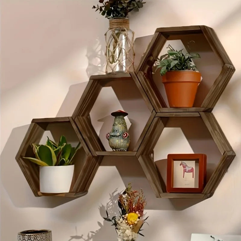 étagères murales hexagonales bois marron foncé modernes minimalistes adhésives plantes vase cadre figurine livre
