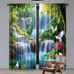 rideau naturel cascade végétation oiseaux blancs roses fleurs verte bleue marron pastoral 105x230cm