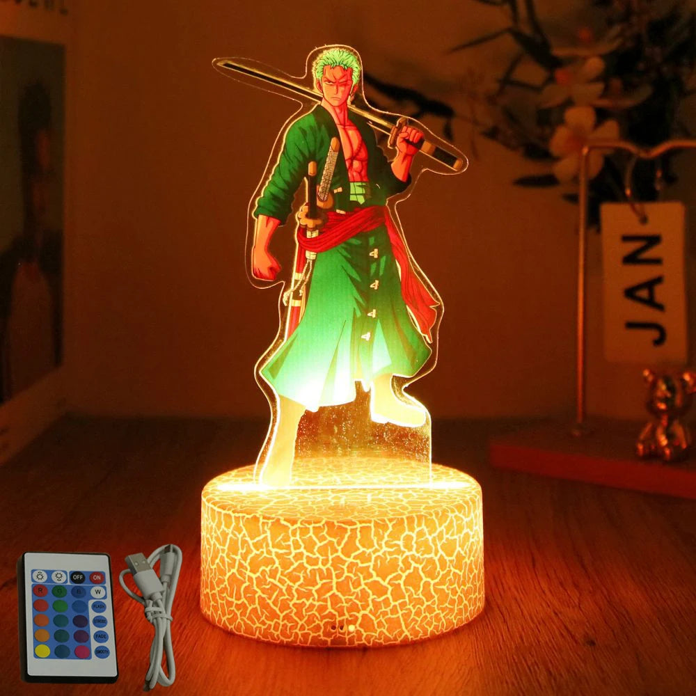 lampe led 3d anime luffy zorro cracked surface télécommande câble usb nocturne rouge vert
