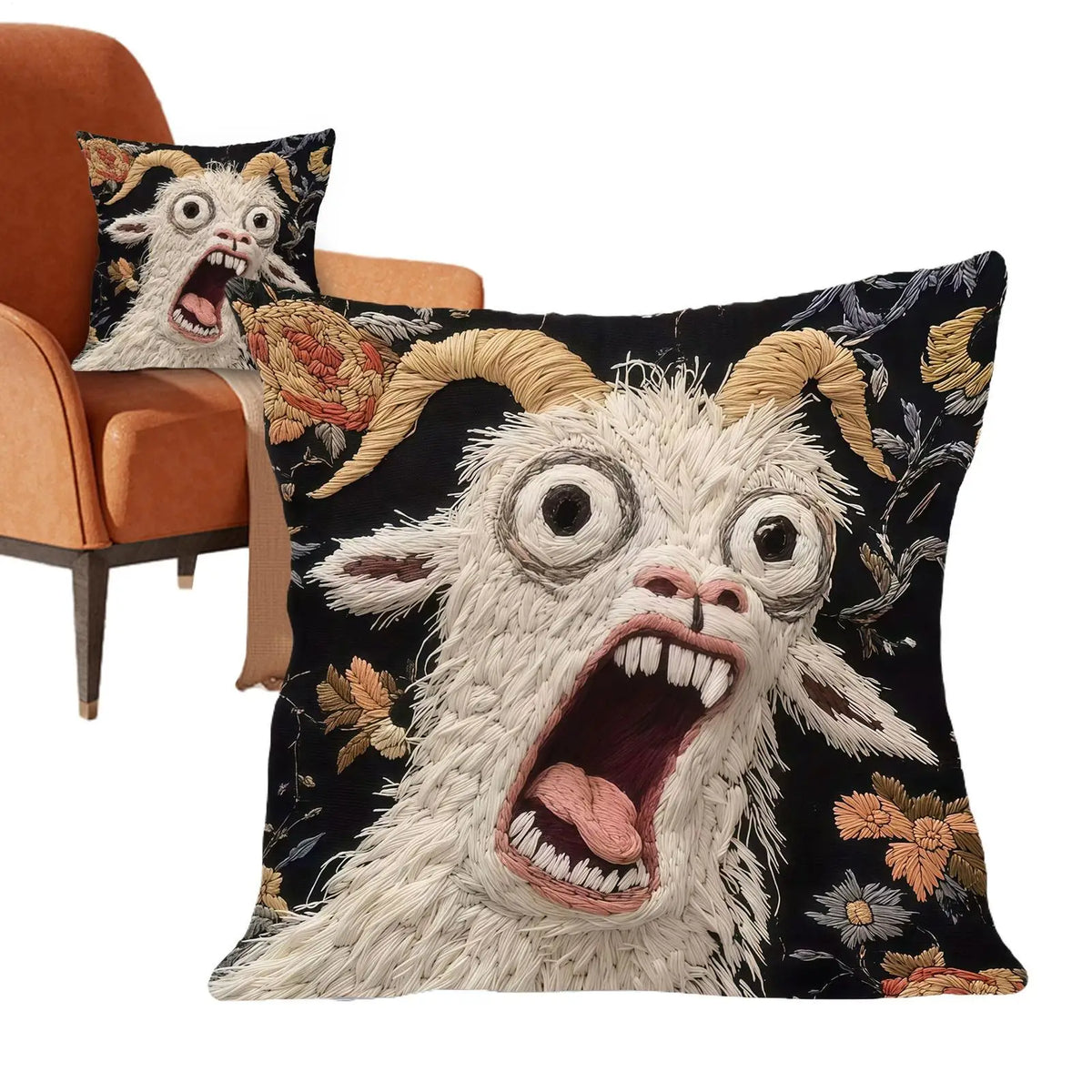 coussin illustration animal cornes yeux ouverts dents jaune noir maison salon chambre