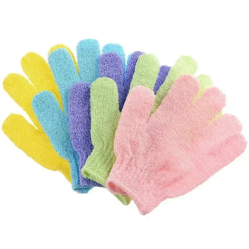 gants bain exfoliants doux microfibre violet rose jaune bleu vert