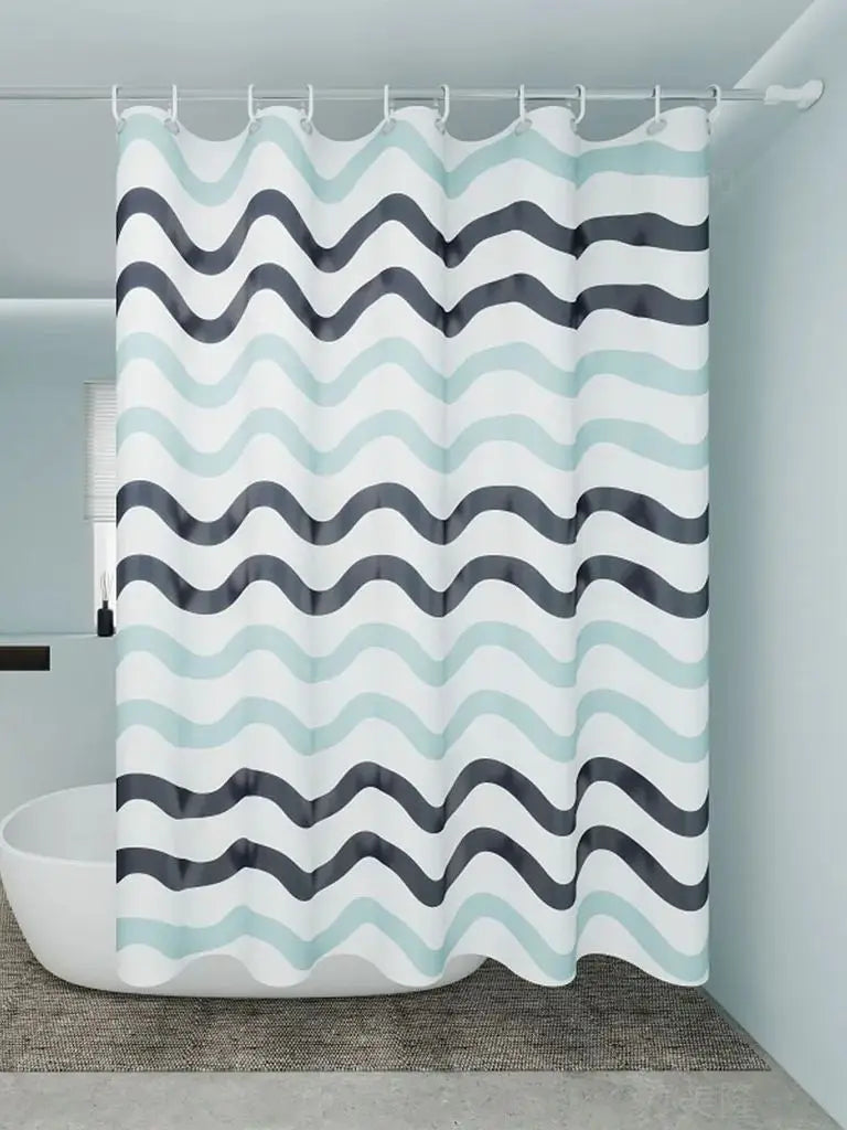 rideau douche moderne éva blanc bleu gris motif rayures ondulées opacité ourlet standard respectueux