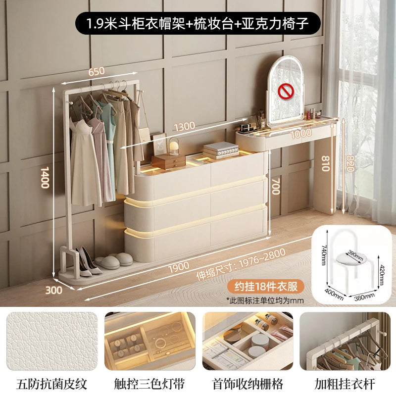 coiffeuse bois moderne beige miroir tiroirs tabouret étagère rangement chambre coucher