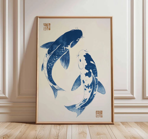 tableau moderne poissons stylisés toile sans cadre décoration salon minimaliste beige rouge orange