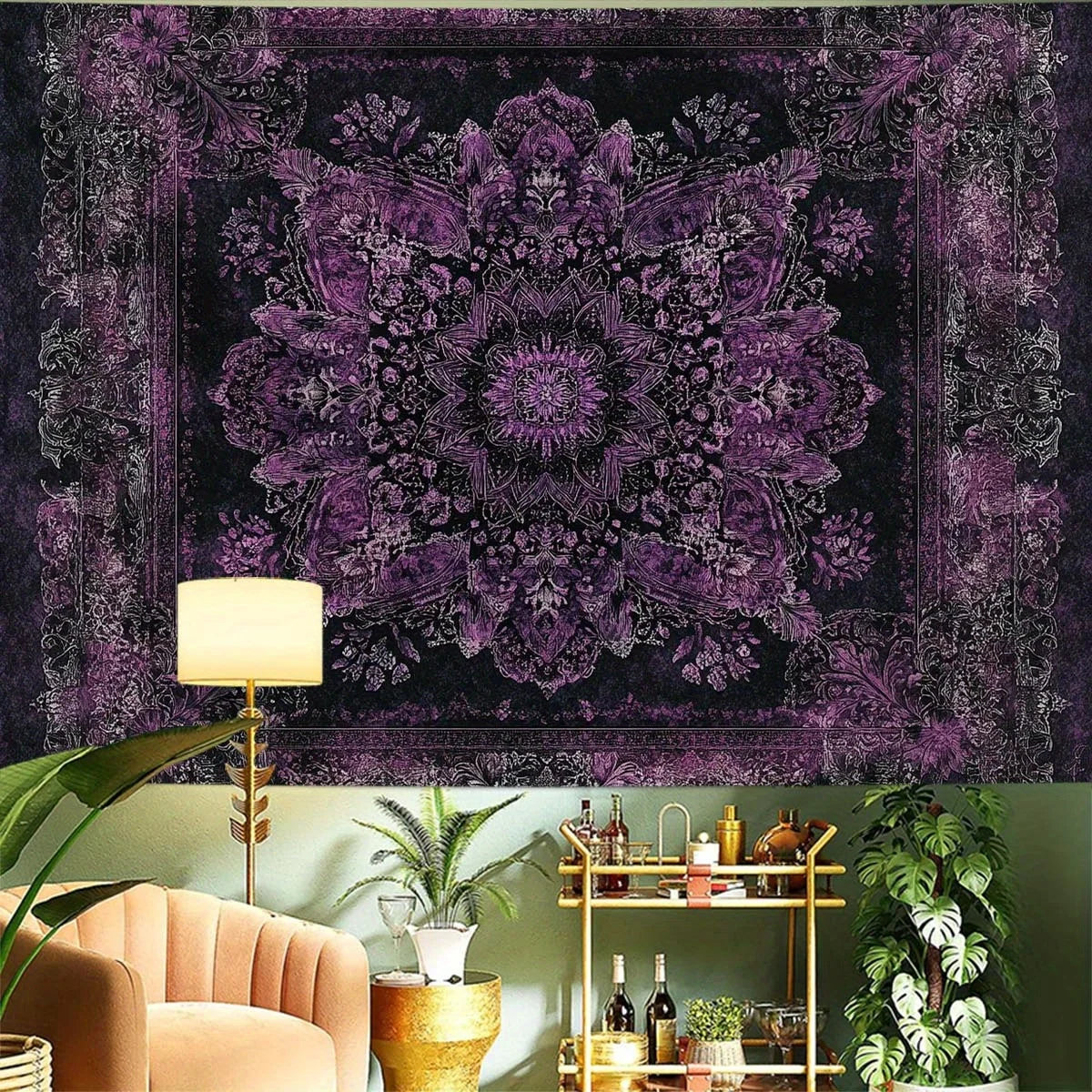 tapisserie murale mandala floral violette boho chic salon chambre décoration polyester moderne