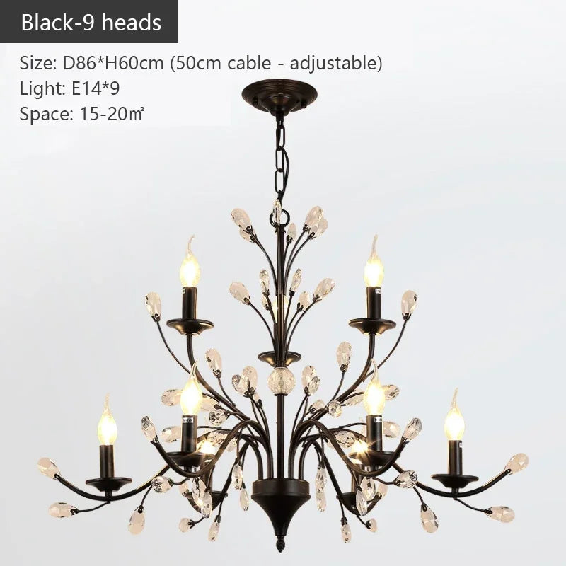 chandelier noir moderne cristaux transparents ampoules blanc chaud suspension élégante branches floralesstylisées