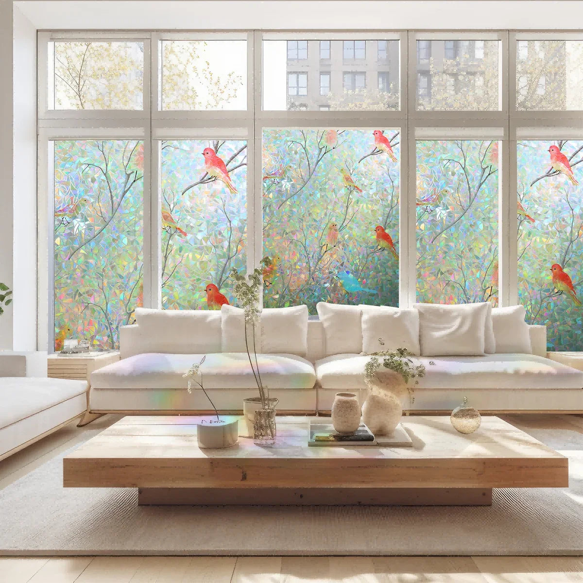 film décoratif adhésif multicolore oiseaux branches transparent moderne naturel rouille givré tacheté