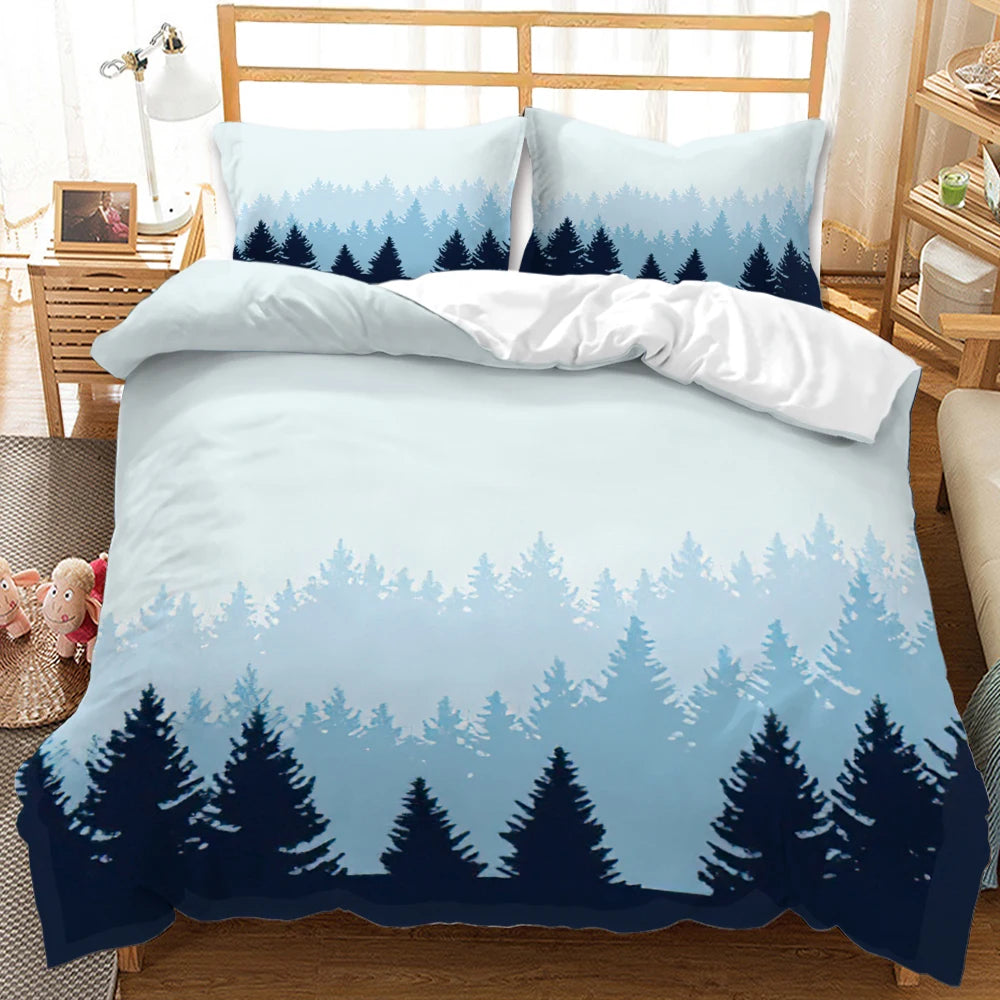 Housse de couette montagne forêt dans une chambre d'enfant décorée