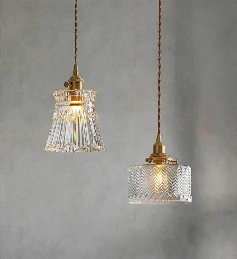lampe suspendue verre texturé transparent doré vintage chambre salon