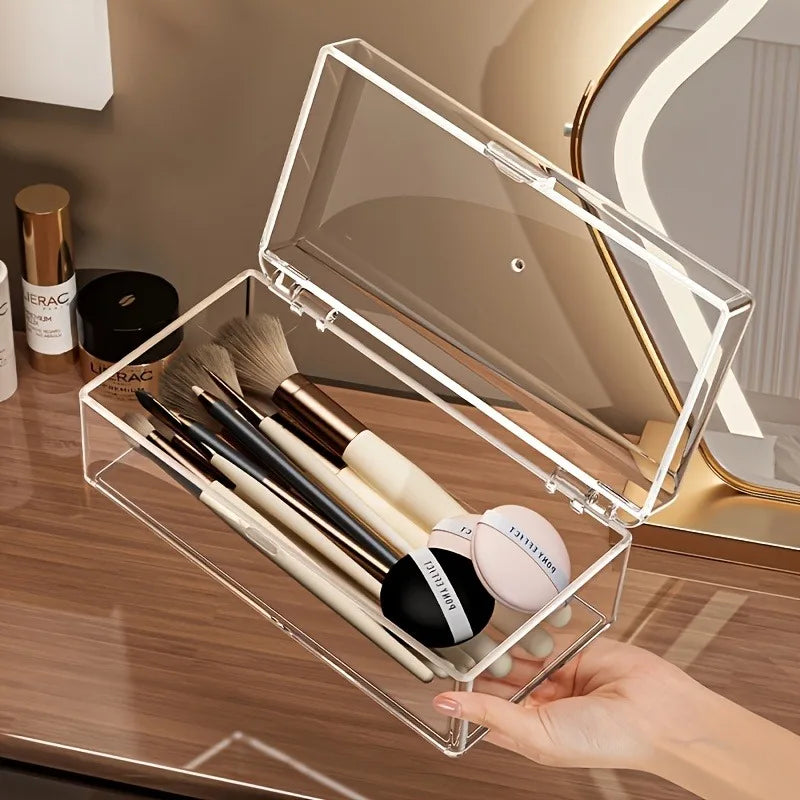 boîte rangement cosmétiques transparente moderne poignée brosse maquillage pinceau fondation poudre compacte éponge maquillage