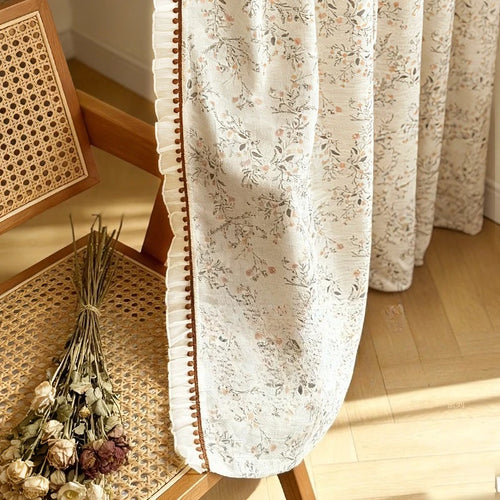 rideau semi transparent beige motif floral rose rustique romantique ruban pompons
