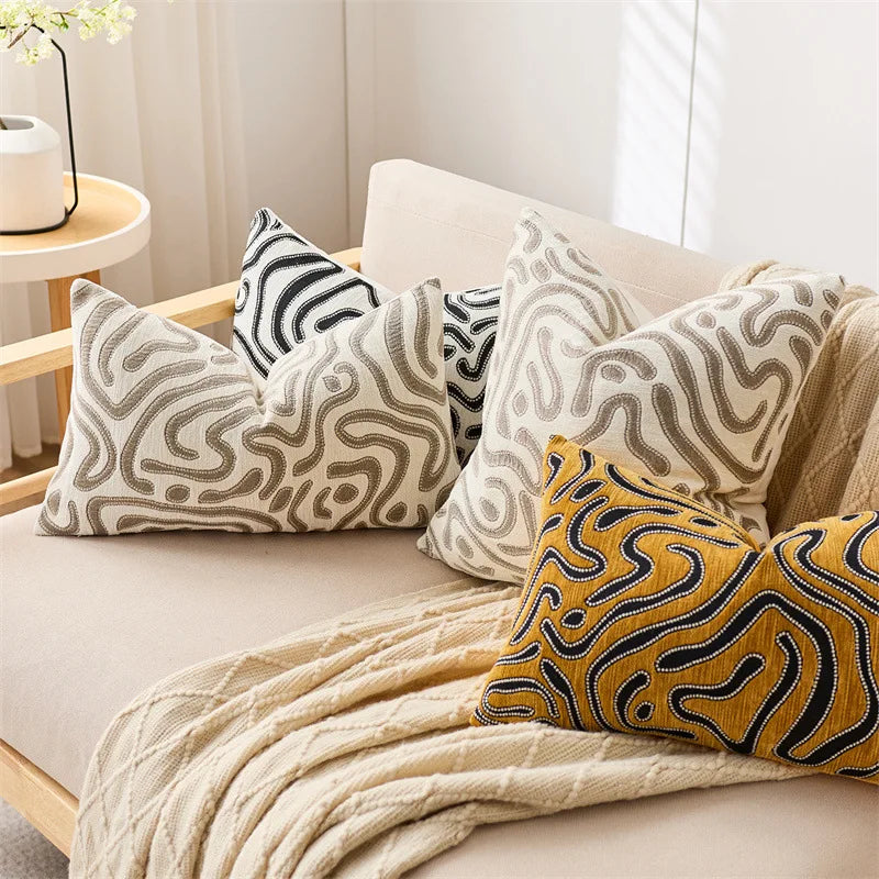 lot deux housses coussin chenille motif abstrait moderne canapé salon décoratif