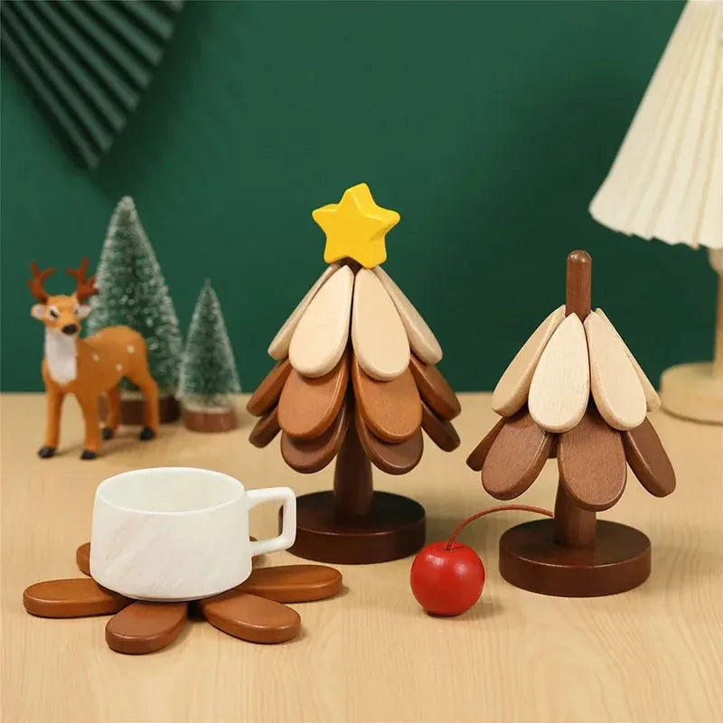 tapis isolant bois brillant rond décoration arbre étoile cerf noël soucoupe fleur lampe étagère