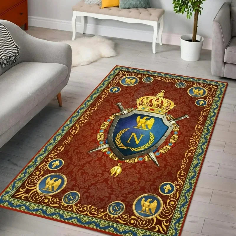 tapis armoiries bleu doré classique salon chambre extérieur 120x160cm polyester lavable