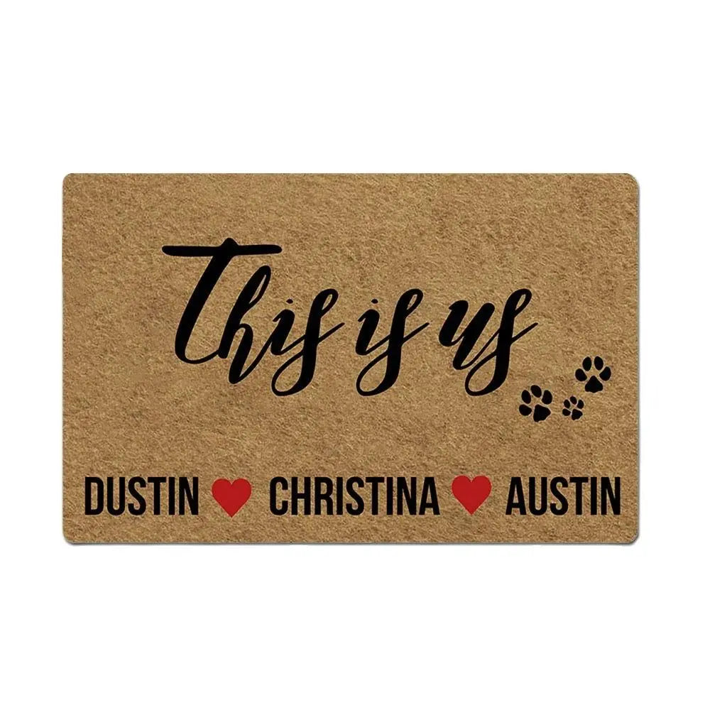 tapis d'entrée marron imprimé this is us Dustin Christina Austin cœur empreintes pattes antidérapant