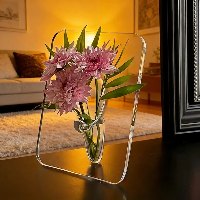 vase transparent moderne cadre photo décoration intérieure étagères fleurs roses rouges