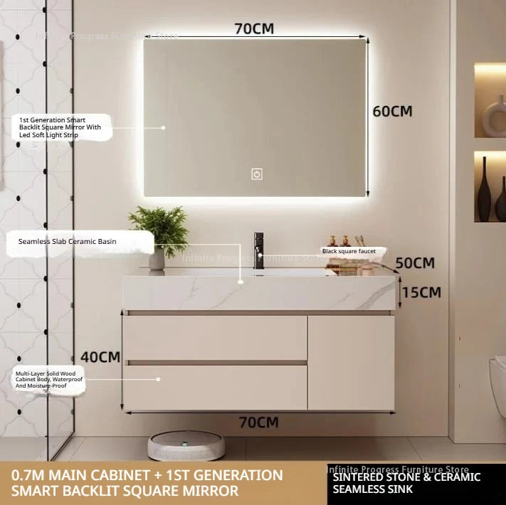 meuble salle bain blanc marbre moderne étagères miroir lumineux accessoires fixations murales