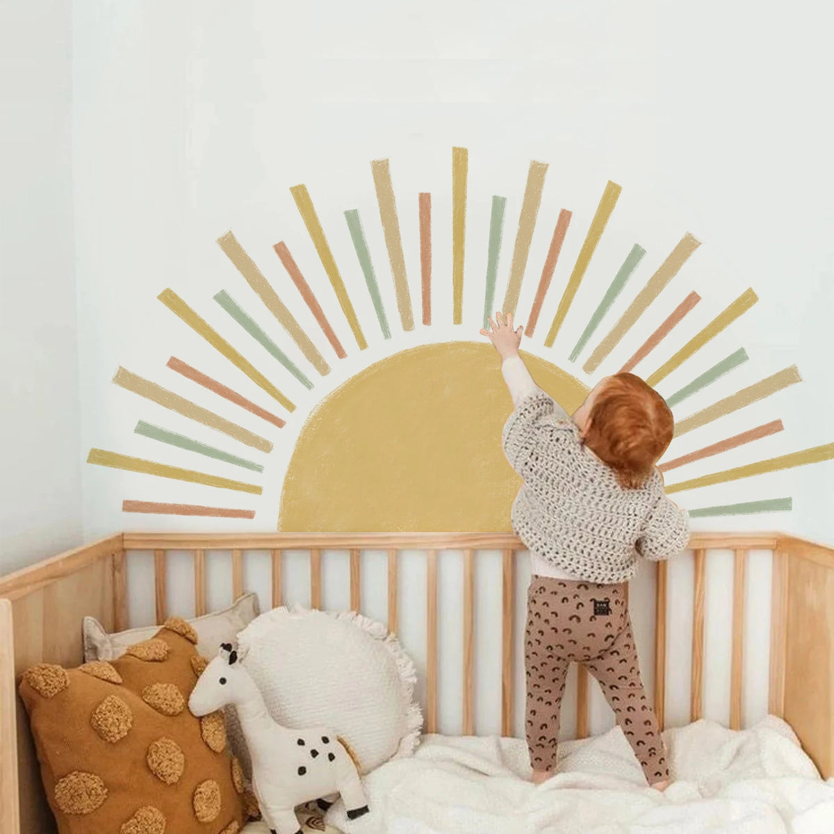 sticker mural décoration bohème soleil jaune orange vert minimaliste enfant chambre salon carrelage mur