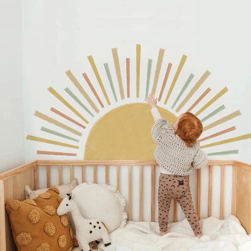 sticker mural décoration bohème soleil jaune orange vert minimaliste enfant chambre salon carrelage mur