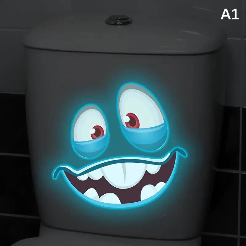 stickers toilette visage souriant yeux grands ouverts adhésifs amovibles cartoona lumineux salle bain bleu