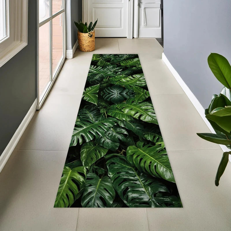 tapis feuilles tropicales vert foncé moderne salon cuisine antidérapant polyester polypropylène durable decoration extérieur