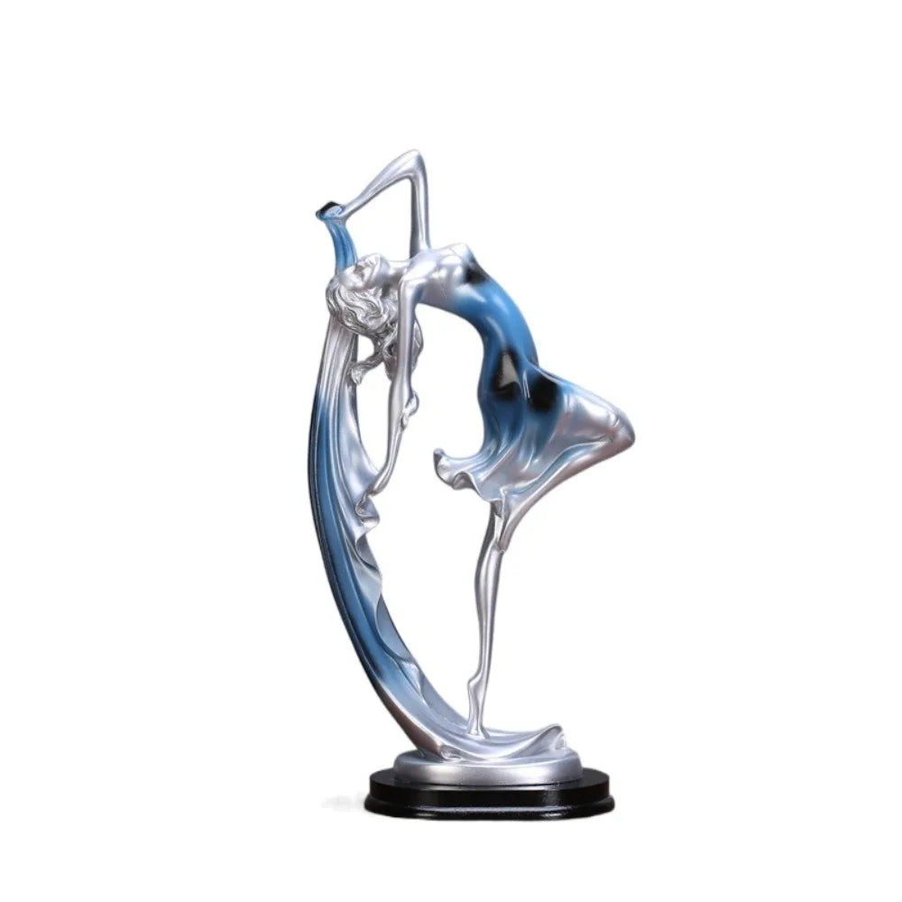 statue moderne femme mouvement argenté doré bleu lisse brillante base noire abstraite