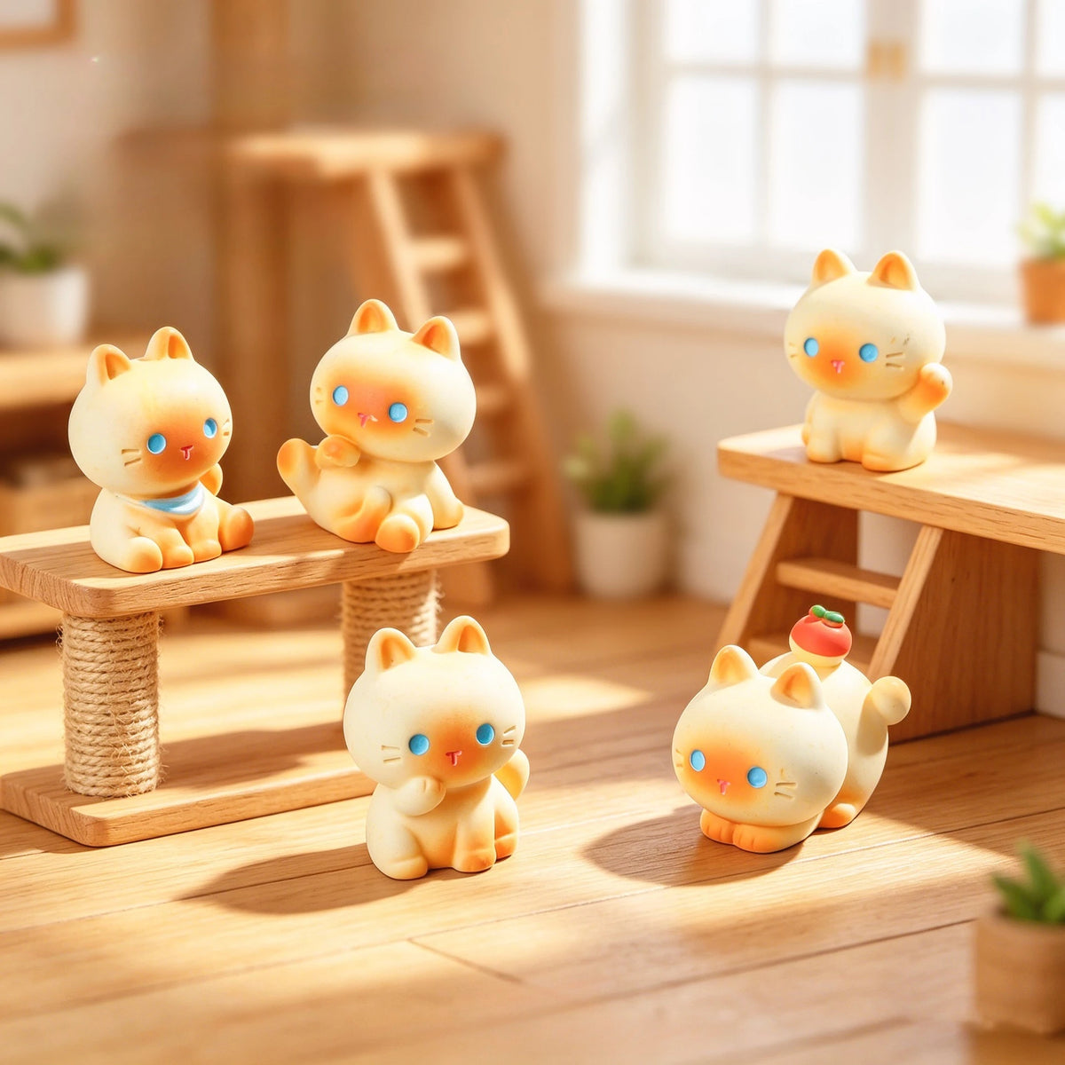 figurines chats mignonnes résine blanc rose orange beige yeux bleus oreilles pointues