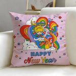 housse coussin vintage cartoon arc ciel personnages étoiles 45x45cm polyester bleu jaune rose noir