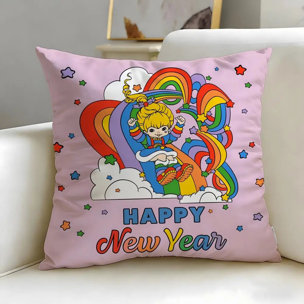 housse coussin vintage cartoon arc ciel personnages étoiles 45x45cm polyester bleu jaune rose noir