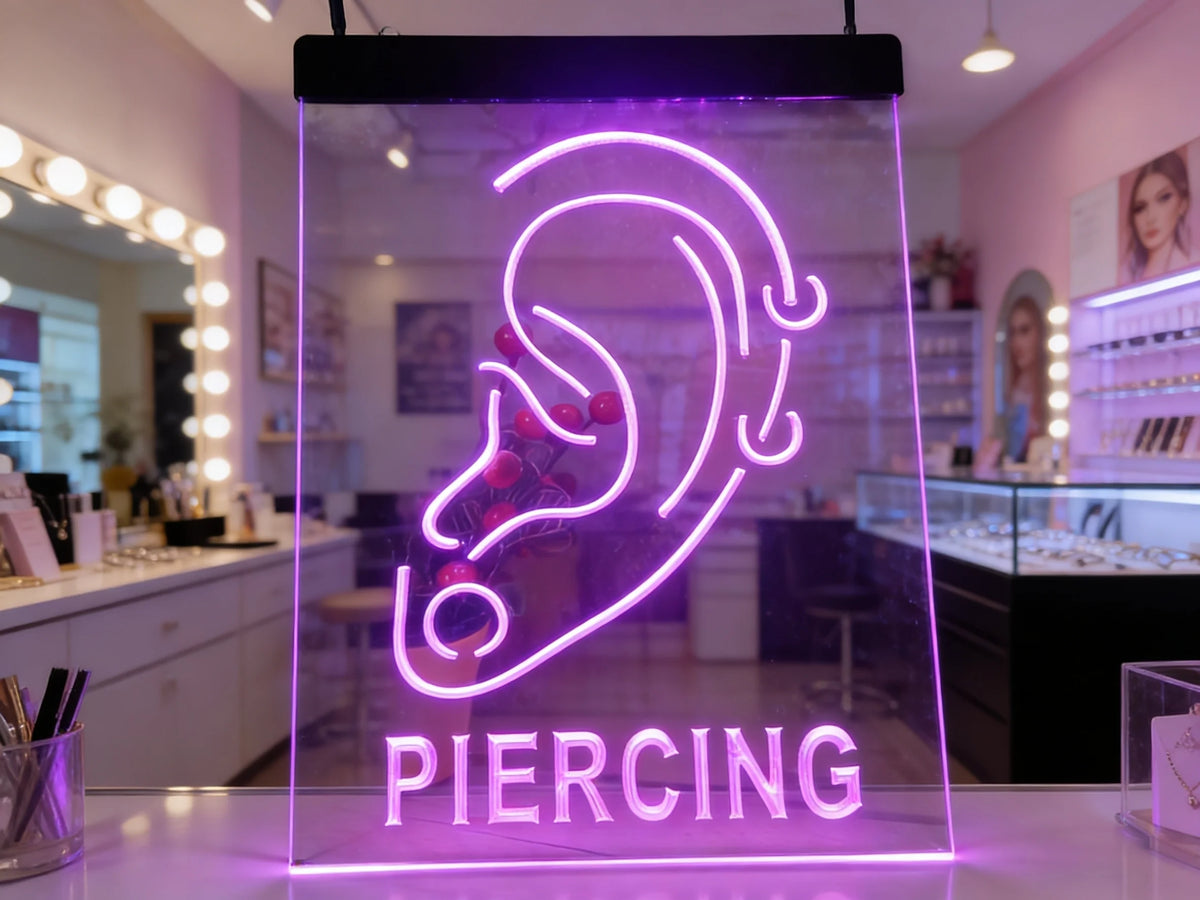 enseigne lumineuse néon oreille humaine piercing violet bleu blanc vert suspendue transparente chambre salon