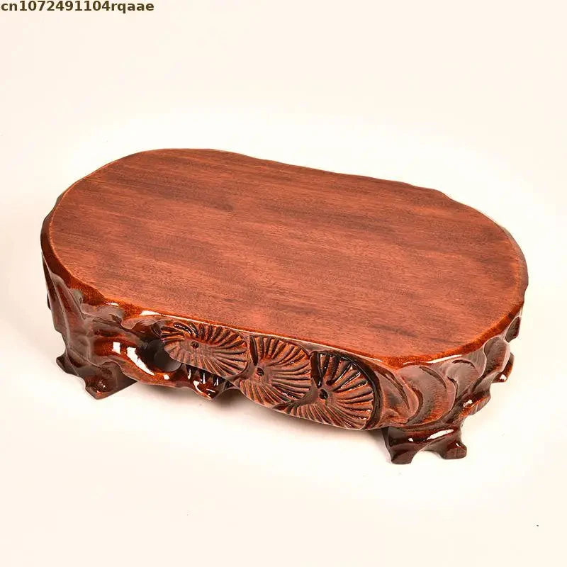 support bonsaï bois sculpté motifs floraux artisanal marron foncé unique présentation plante fleur