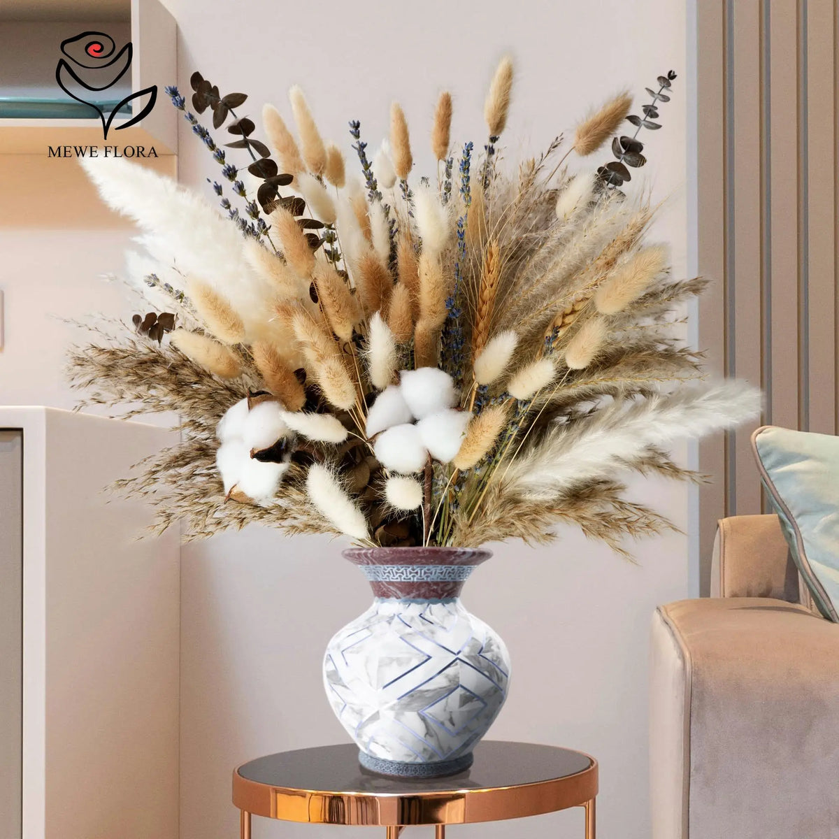 bouquet fleurs séchées herbe pampas tiges coton eucalyptus lavande blé décoration maison anniversaire mariage