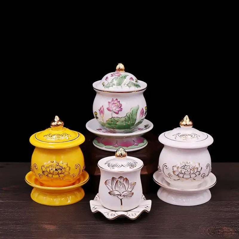 pot thé céramique décoratif bouddhiste lotus blanc jaune rouge soucoupe dorée
