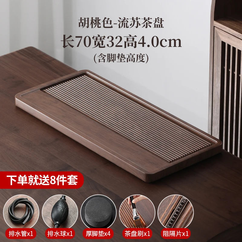 plateau thé bois bambou moderne lignes verticales marron foncé tasses théière salon chambre