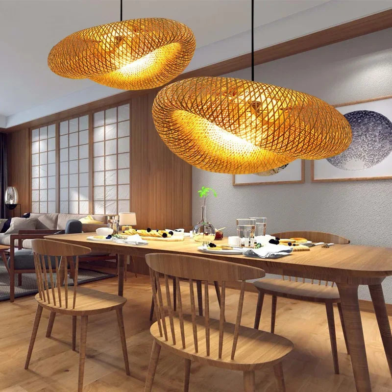 suspension lumineuse moderne bambou tissage beige doré fixe passe câble noir