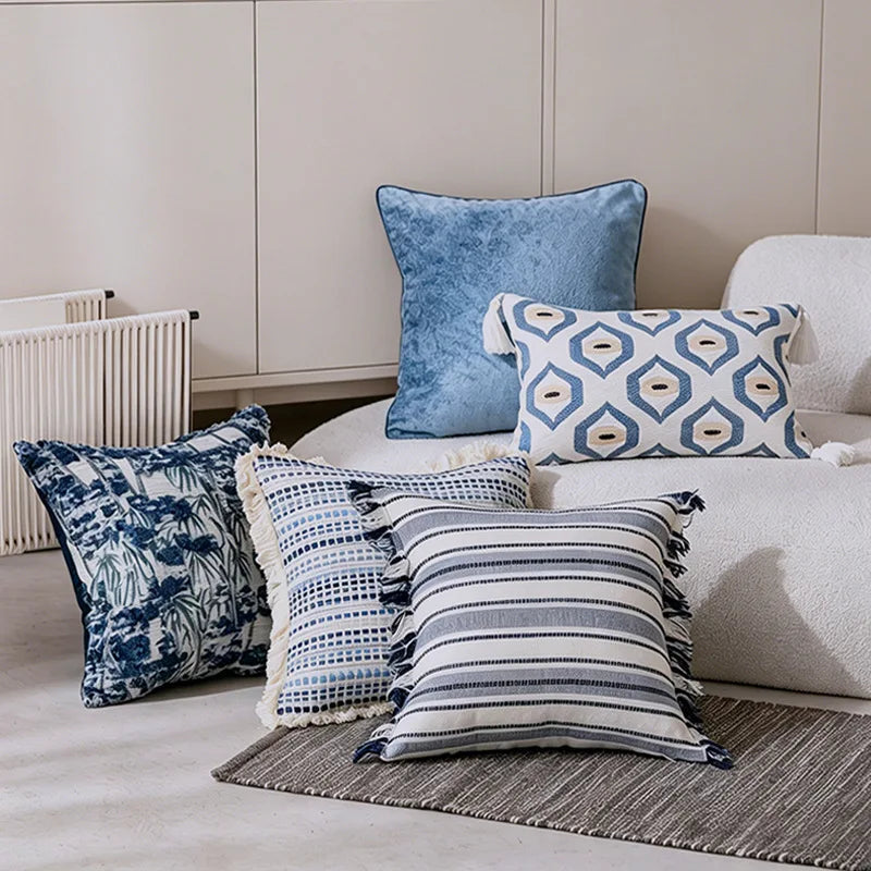 coussins carrés bleu blanc moderne motifs géométriques rayures adhésifs décoratifs maison voiture