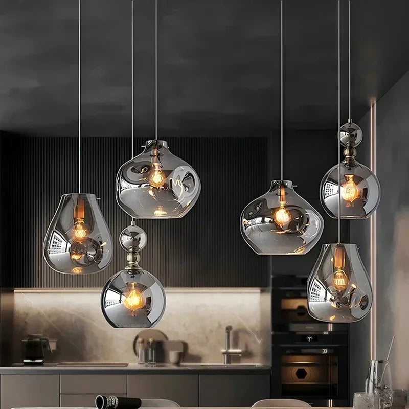luminaire suspension moderne pierre verre gris fumé salon salle manger intérieur