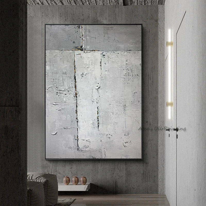 peinture abstraite contemporaine toile huile gris blanc texture grunge minimaliste sans cadre decoration interieur