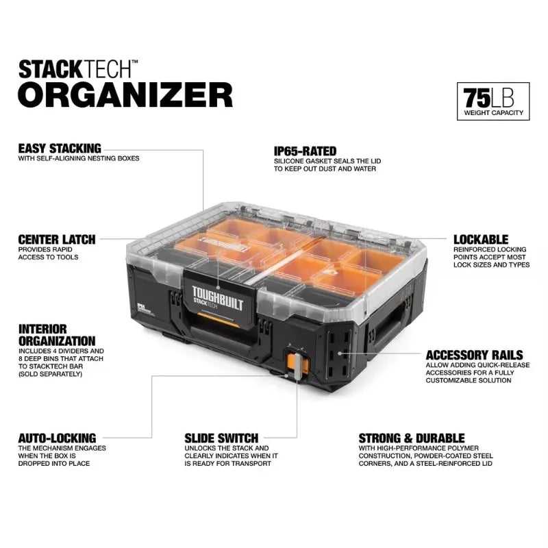 boîte organisatrice compartiments noir orange pragmatique résistante clips adhésif profonds diviseurs verrouillage petits outils