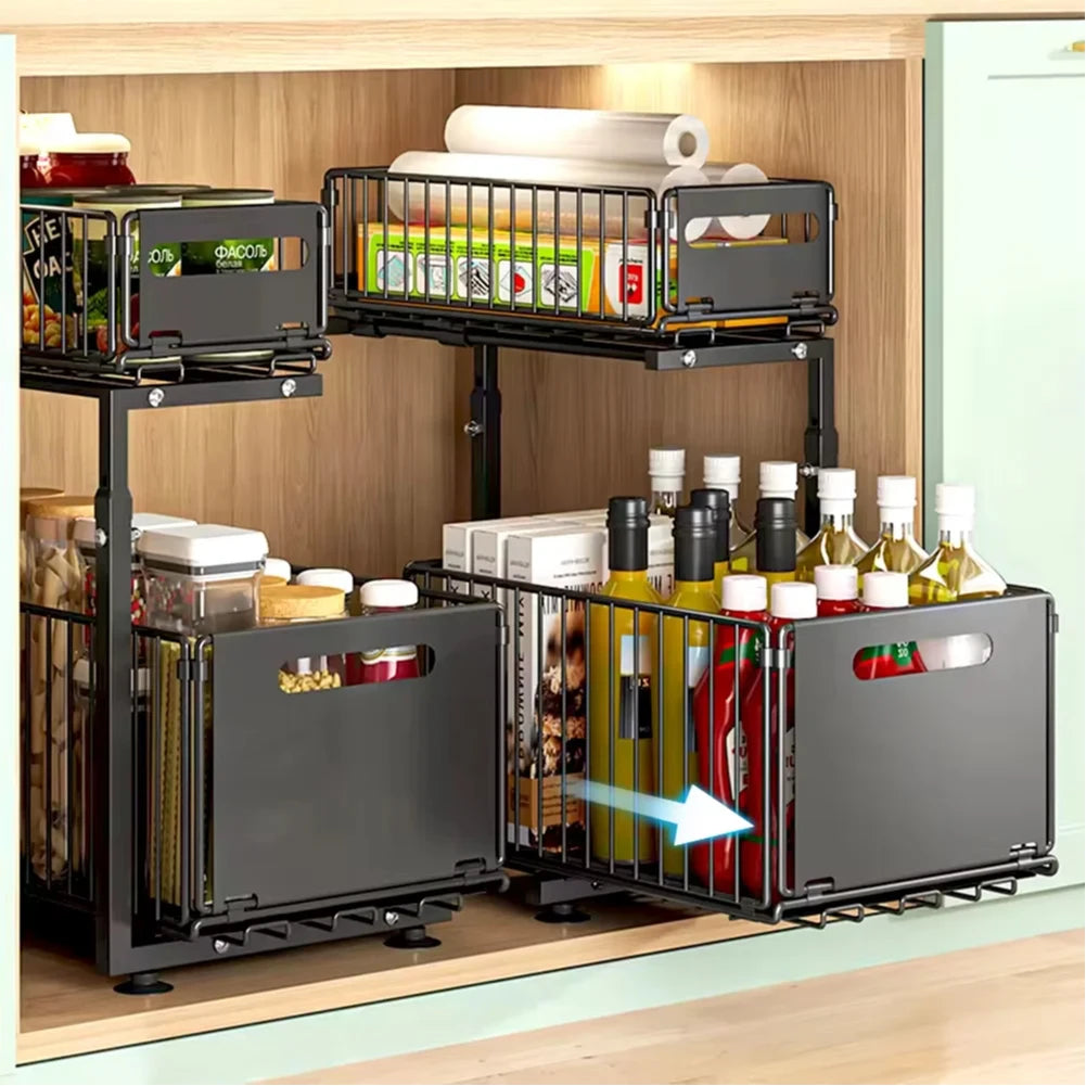 rangements cuisine tiroirs coulissants metal decoupages rectangulaires bouteilles conserves bocaux essuie tout boites alimentaires