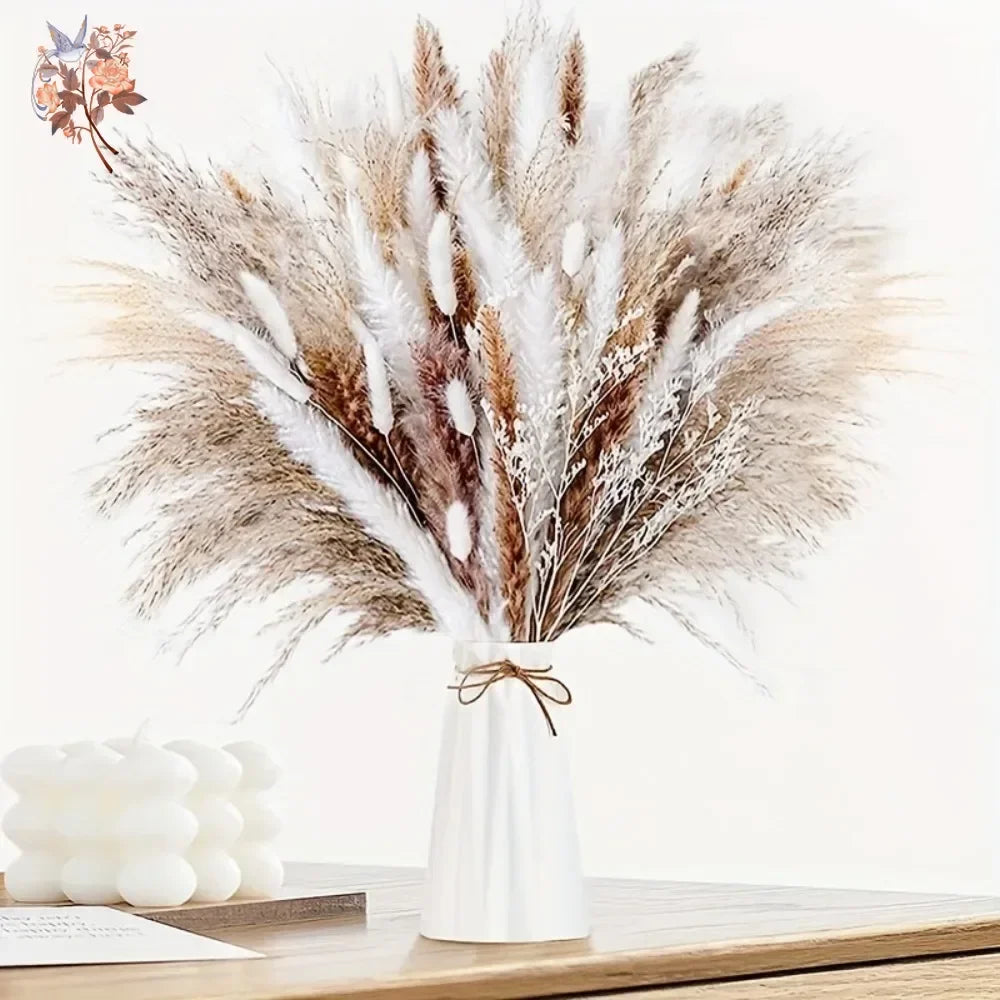 décoration boho bouquet fleurs séchées pampas naturel beige blanc vase maison anniversaire