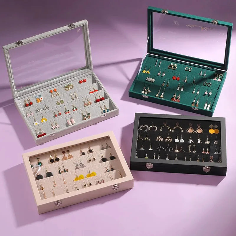 boîtes bijoux velours vert gris noir modernes poignées métalliques transparentes 32 boucles d'oreilles rangement