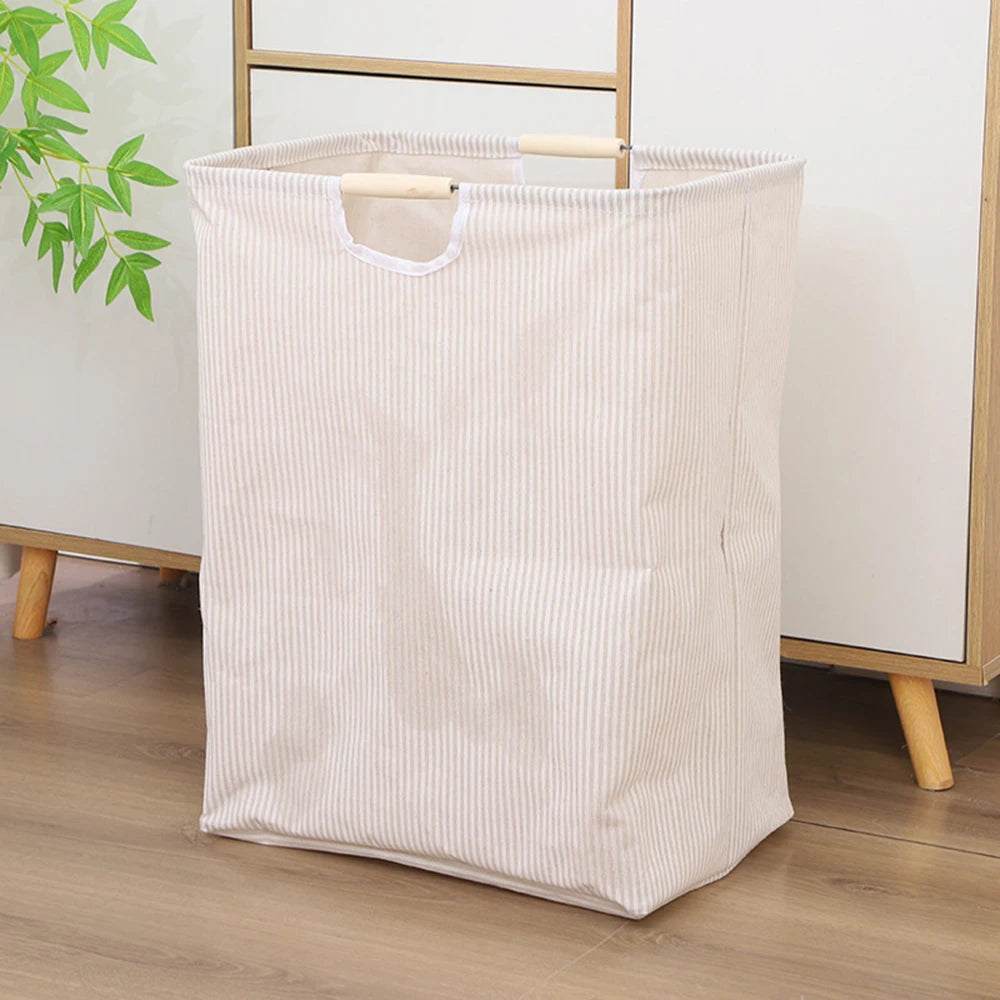 panier linge pliable rayures horizontales gris clair beige moderne réutilisable fibre végétale poignées bois