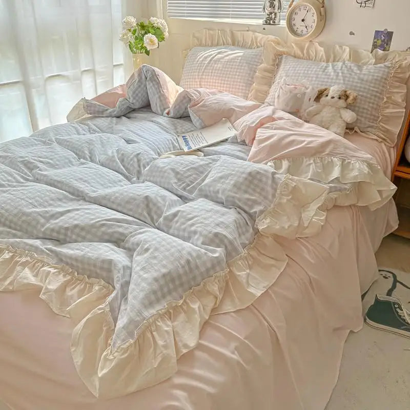 ensemble literie rose doux carreaux beige volants taies oreiller couvre lit romantique ultra frais
