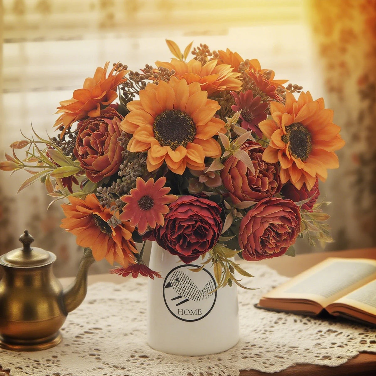 bouquet fleurs artificielles pivoine orange rouge beige vert blanc decoration mariage intérieur classique