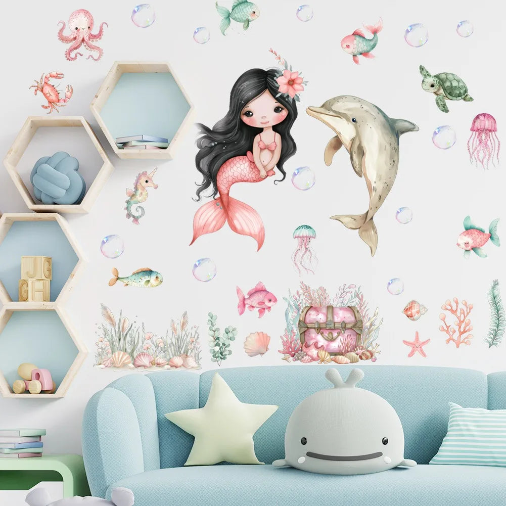 stickers muraux sirène dauphin poissons bulles coraux cartoon marine enfants chambre décoration mur