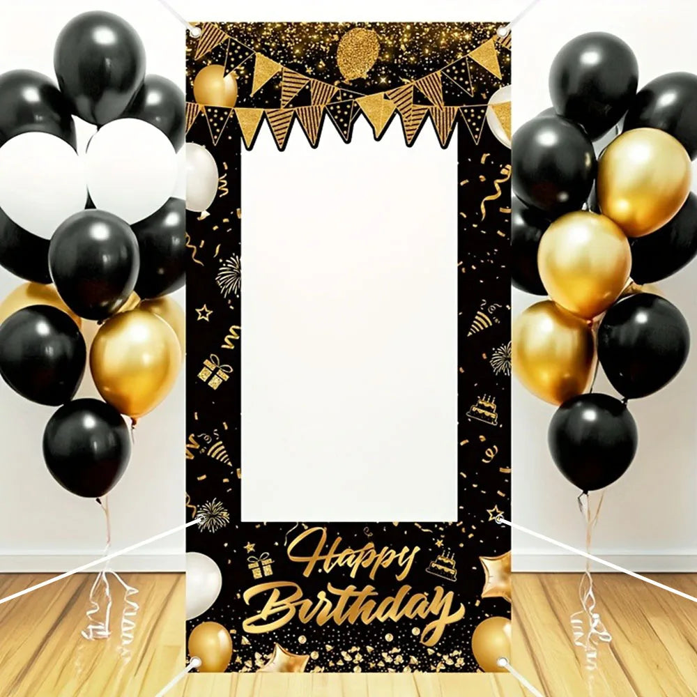 cadre photo personnalisable anniversaire noir doré motifs ballons étoiles cadeaux confettis happy birthday toile