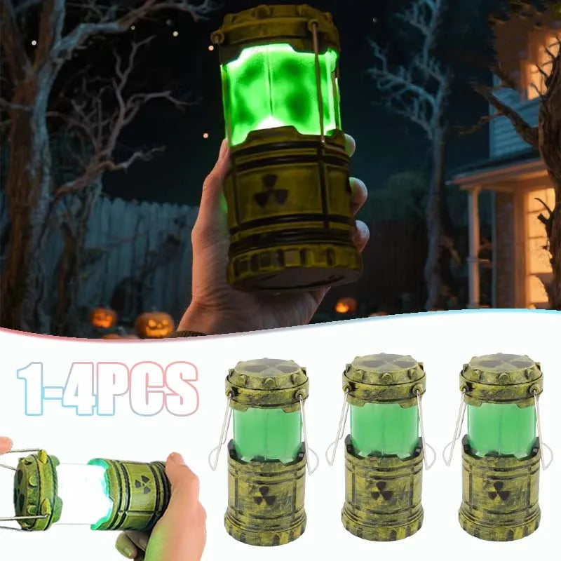 lanterne camping vert rayée symbole radioactivité vintage militaire anneaux métalliques