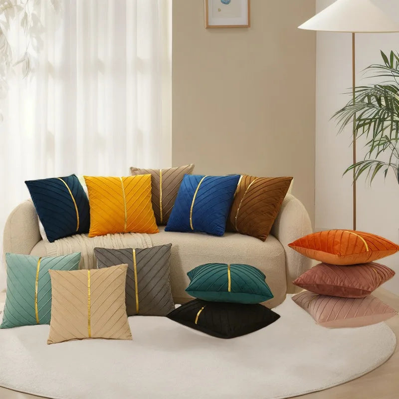 housses coussins décoratifs velours plis verticaux bleu foncé jaune gris modernes opaques 45x45cm