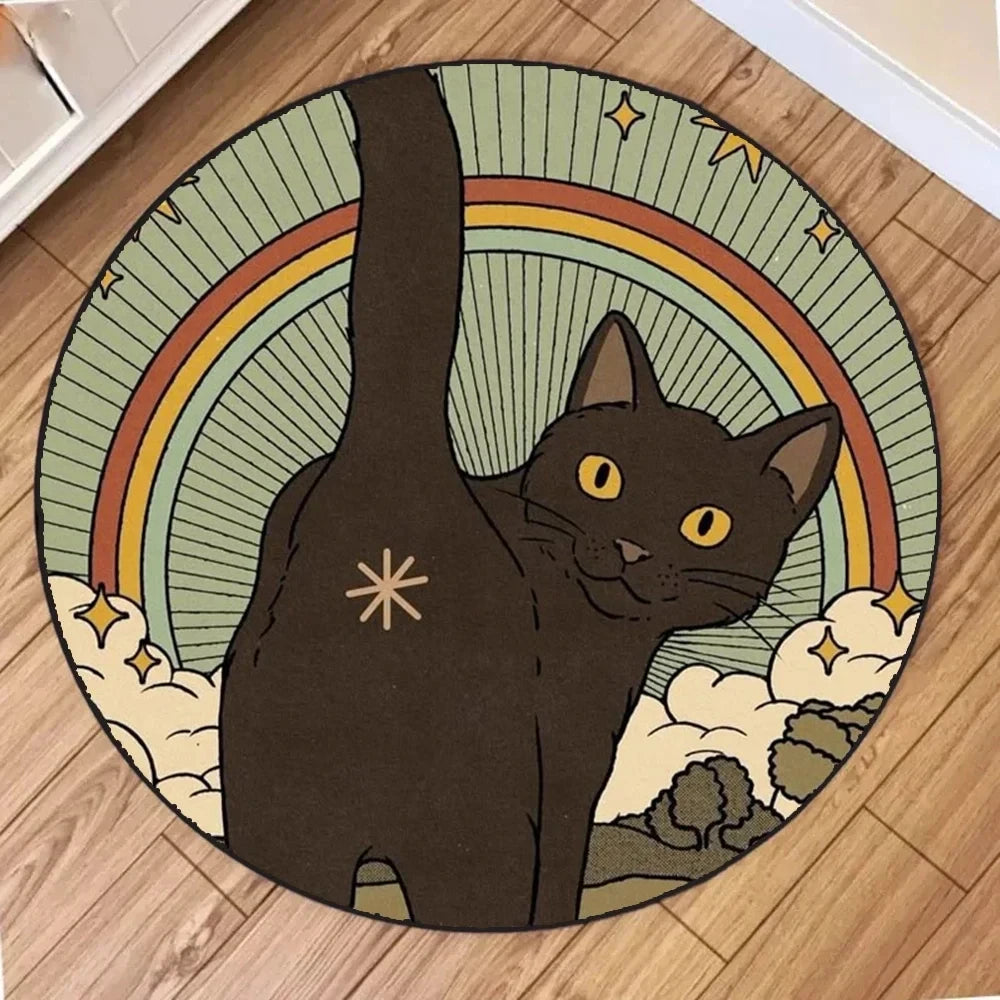tapis rond vintage chats lunes soleils motifs floraux noir beige jaune blanc vert